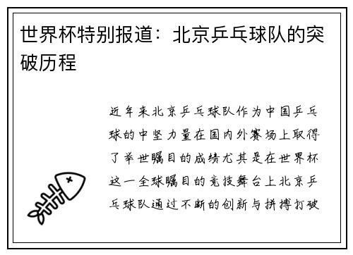 世界杯特别报道：北京乒乓球队的突破历程