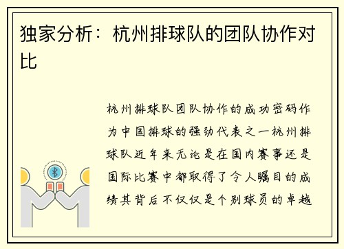 独家分析：杭州排球队的团队协作对比