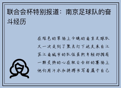 联合会杯特别报道：南京足球队的奋斗经历