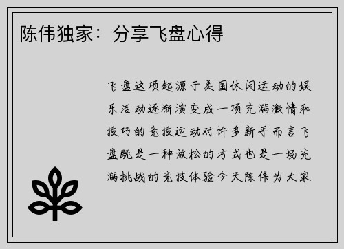 陈伟独家：分享飞盘心得