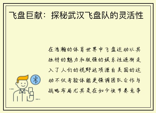 飞盘巨献：探秘武汉飞盘队的灵活性