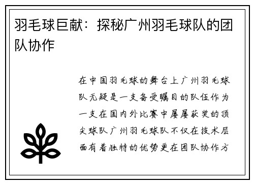 羽毛球巨献：探秘广州羽毛球队的团队协作