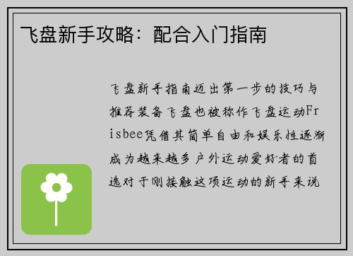 飞盘新手攻略：配合入门指南