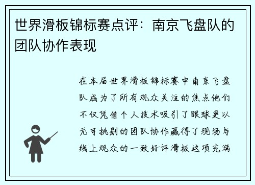 世界滑板锦标赛点评：南京飞盘队的团队协作表现