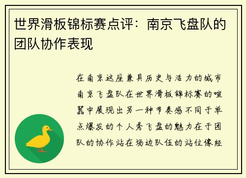 世界滑板锦标赛点评：南京飞盘队的团队协作表现