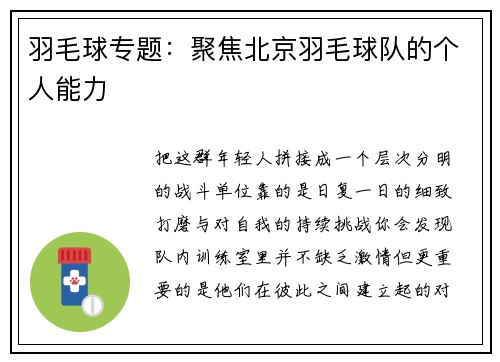 羽毛球专题：聚焦北京羽毛球队的个人能力