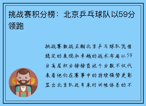 挑战赛积分榜：北京乒乓球队以59分领跑